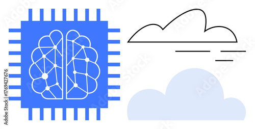 Neural brain in processor chip and cloud visuals emphasize AI, technology, innovation, and connectivity. Ideal for AI systems, cloud computing, innovation, automation, data science machine learning