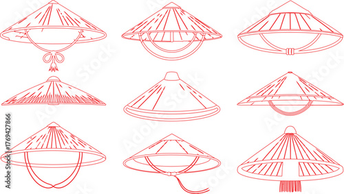Collection of Stylized Conical Asian Hats with Chin Straps, Red Outlines on White Background