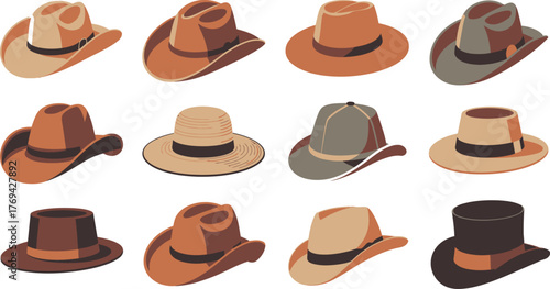 Collection of Twelve Different Hat Styles Including Cowboy, Straw, and Top Hats on White