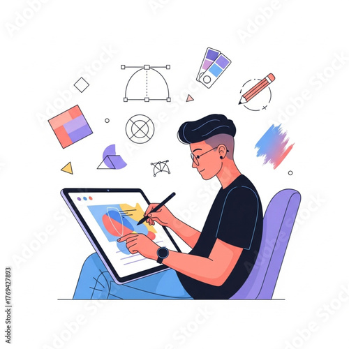 A young male graphic designer is actively engaged in digital art creation on a tablet, surrounded by design elements.
