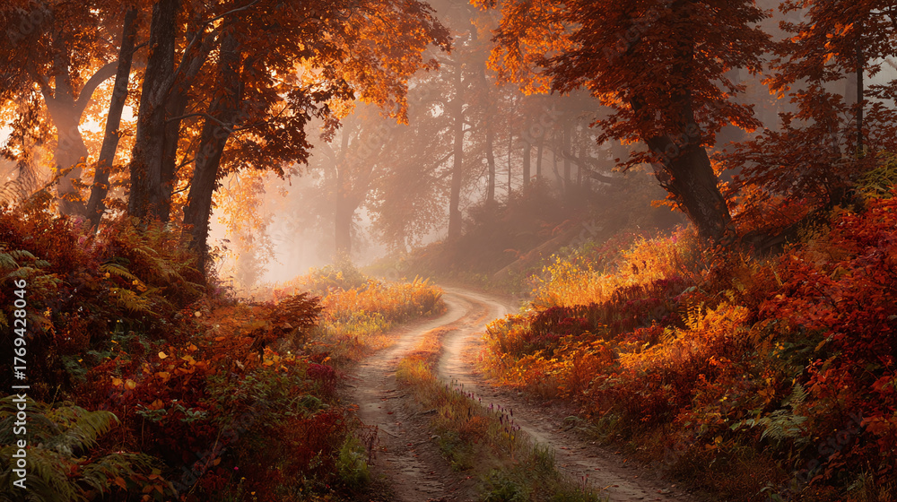Obraz premium A serene autumn landscape with a winding path, radiant foliage, and a gentle mist. Nature's beauty unfolds in a tranquil, captivating scene.