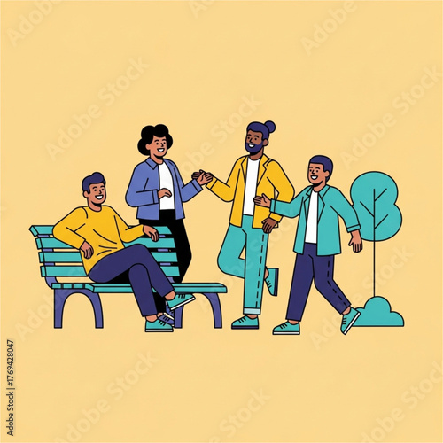 A diverse group of friends enjoying a casual conversation and connection in a park setting.