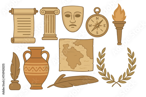 Ancient history icons featuring scroll, column, tragic mask, amphora, map, and burning torch