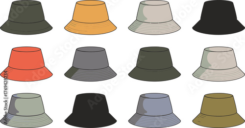 Colorful Bucket Hats Illustration Twelve Hats in Olive, Orange, Grey, and Black Shades