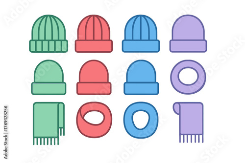 Colorful collection of winter hats and scarves for cold weather apparel and fashion accessories