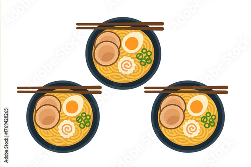 Three bowls of traditional Japanese ramen noodles with pork, egg, and narutomaki fish cake arranged in a pattern