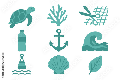 Marine life and ocean conservation symbols including sea turtle, plastic waste, coral, and fishing net