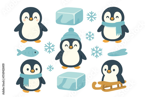 Adorable cartoon penguins wearing scarves and hats with ice cubes and snowflakes