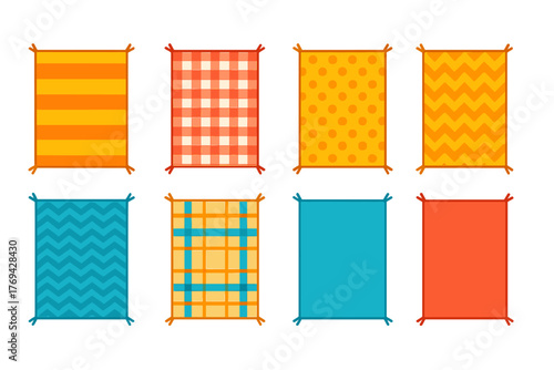 Set of eight brightly colored rectangular outdoor mats featuring diverse patterns like plaid, stripes, and dots