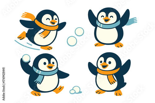 Four adorable cartoon penguins playing in the snow during winter holidays