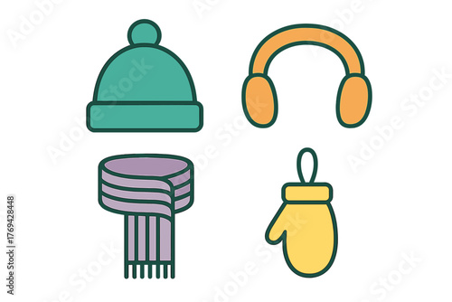 Colorful winter accessories collection featuring knit hat, earmuffs, scarf, and mitten