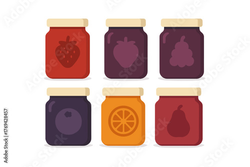 Colorful jars of fruit preserves including strawberry blueberry orange and pear