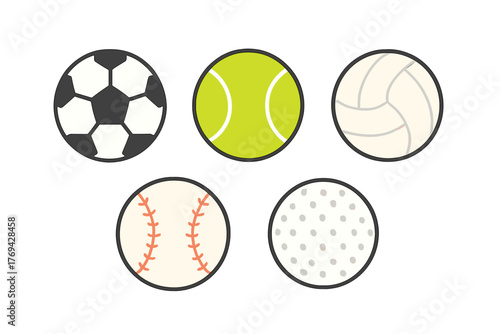 Set of various athletic game balls including soccer, tennis, volleyball, baseball, and golf
