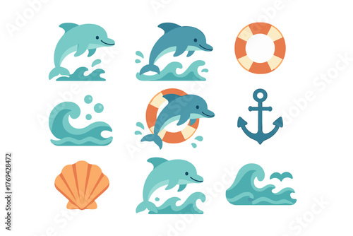 Cute marine and nautical symbols set featuring dolphins, waves, anchor, lifebuoy, and seashell