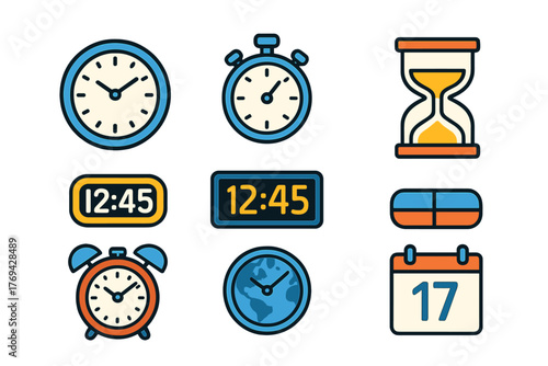 Collection of time management icons including clocks, stopwatch, hourglass, and calendar
