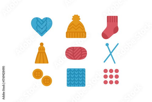 Colorful knitting and crafting supplies set with yarn, needles, hat, sock, and buttons