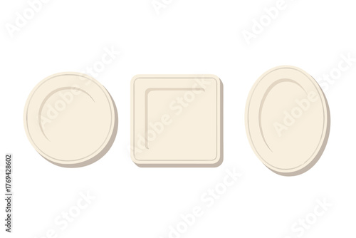Set of three empty beige dinner plates in various shapes including round, square, and oval