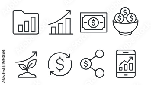 Set of icons for money and finance, including a dollar sign, a phone, a tablet