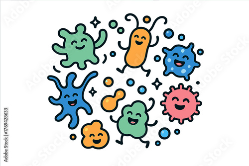 Cheerful microscopic organisms and friendly bacteria characters dancing in a colorful group