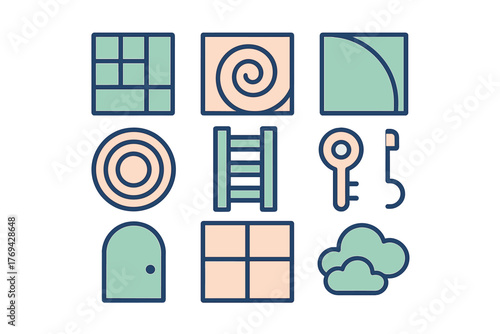 Minimalist collection of nine abstract geometric shapes and symbols including key, door, and ladder elements