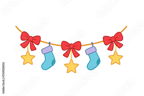 Colorful festive holiday banner decoration with stockings stars and bright red ribbon bows