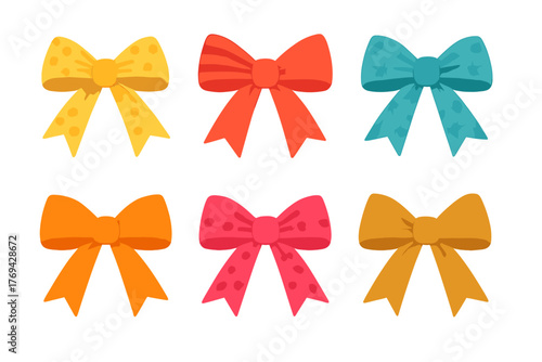 Collection of six bright festive ribbon bows with various colors and textures for decoration