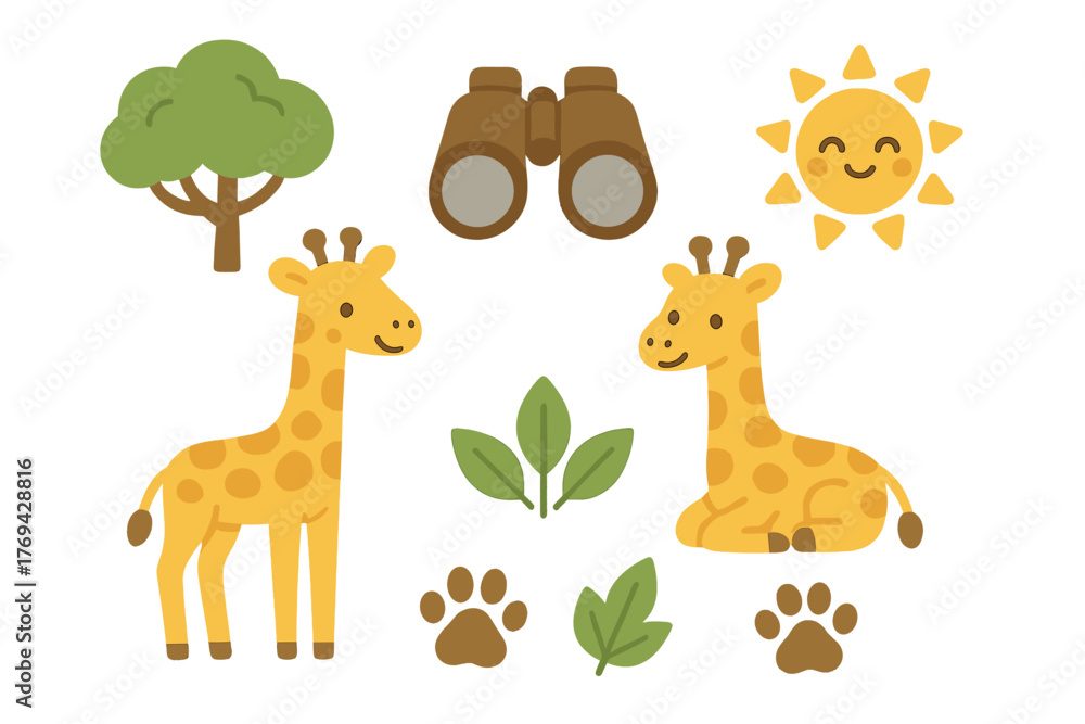 Fototapeta premium Cute cartoon giraffes, binoculars, tree, sun, and paw prints in a safari theme collection