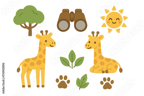 Cute cartoon giraffes, binoculars, tree, sun, and paw prints in a safari theme collection