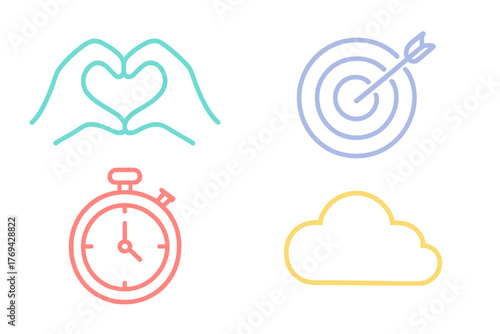 Essential business concept symbols including heart hands, target goal, stopwatch timer, and cloud storage