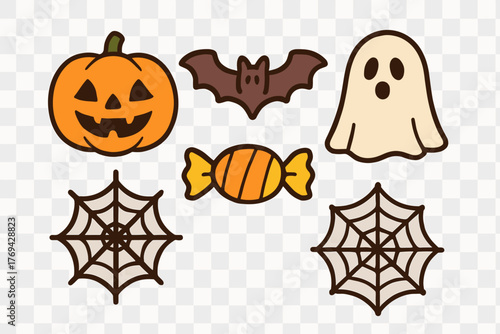 Cute Halloween icons set featuring a smiling pumpkin, spooky ghost, flying bat, wrapped candy, and spider webs