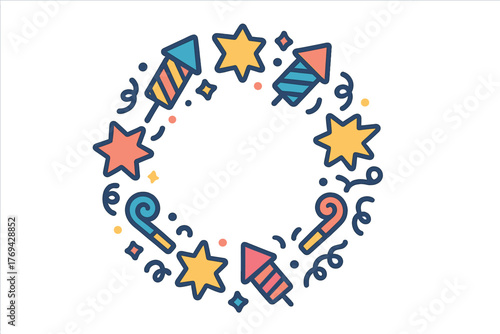 Festive circular border design featuring colorful fireworks stars and party horns confetti