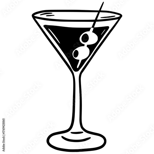 Classic martini cocktail with olives. Elegant black and white vector illustration of a classic martini glass with olives, perfect for bar menus, restaurant design or cocktail party concept.