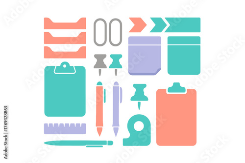 Flat design set of office and stationery supplies including clipboards, pens, sticky notes, and paper trays