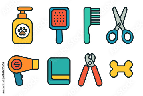 Vibrant collection of essential pet grooming tools including combs and clippers