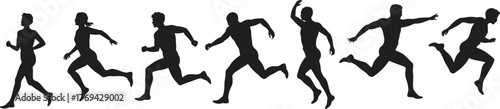 Sequence of runner silhouettes in different stride phases, isolated vector icons for sports design, fitness motion, and biomechanics illustration use.