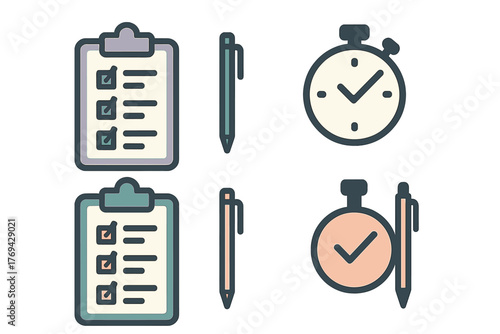 Set of icons showing clipboards with checklists, writing pens, and stopwatches for time management