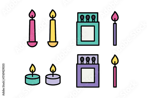 Set of brightly colored burning wax candles and match containers in various styles