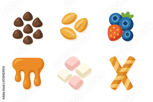 Sweet dessert toppings and baking ingredients set with chocolate chips, caramel, peanuts, berries, and marshmallows