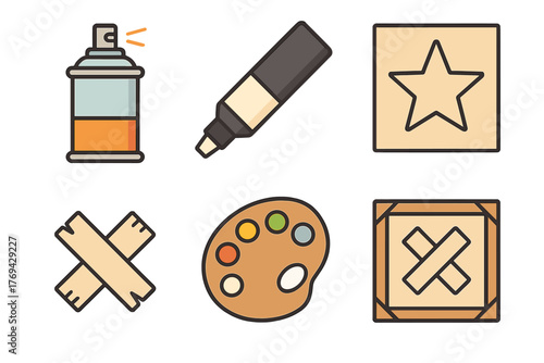 Creative tools for street art including spray paint can, marker, palette, and stencils
