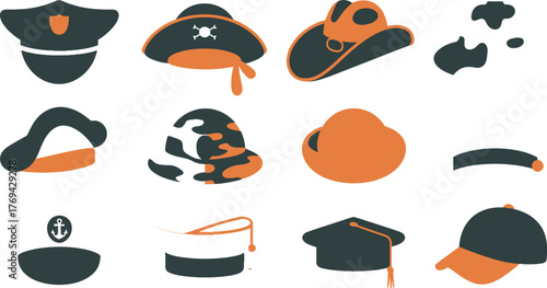 Stylized Collection of Hats Featuring a Police Cap, Pirate Hat, Cowboy Hat, and More