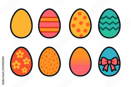 Eight colorful decorated Easter eggs with various patterns and designs for holiday celebration