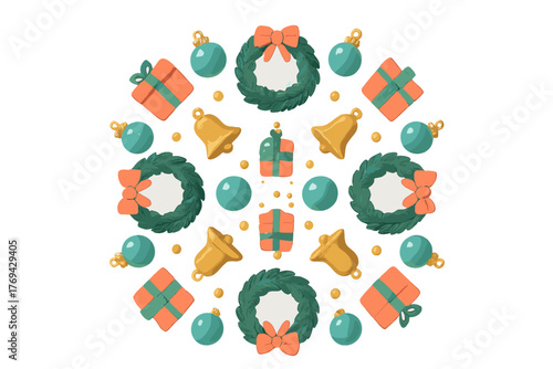 Bright Christmas holiday pattern with decorative wreaths, golden bells, gift boxes, and turquoise baubles