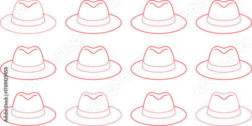 Twelve Red Outline Fedora Hats Arranged in a Rectangular Grid on a White Background