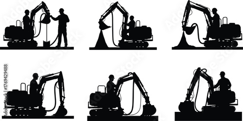 Silhouette vector illustration of worker operating small excavator with bucket, pouring material, construction site activity, safety, teamwork, machinery, and industry