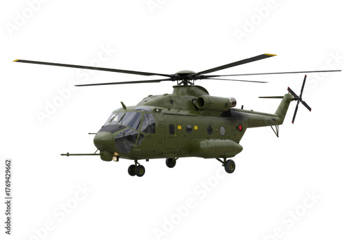 Isolated military transport helicopter on display, green color, aviation army vehicle asset