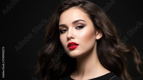 Wallpaper Mural A woman with brown hair is wearing makeup and posing in front of a dark background Torontodigital.ca