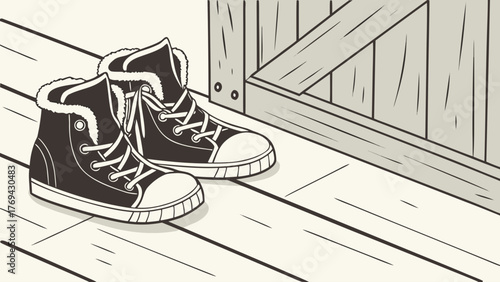 Two high top sneakers with fur lining are placed on a wooden floor next to a wooden crate wall