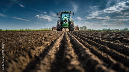 Modern green tractor plowing soil on farmland under blue sky