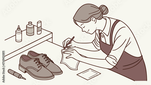 Woman in apron working on shoes with tools and supplies on a table in a workshop setting indoors