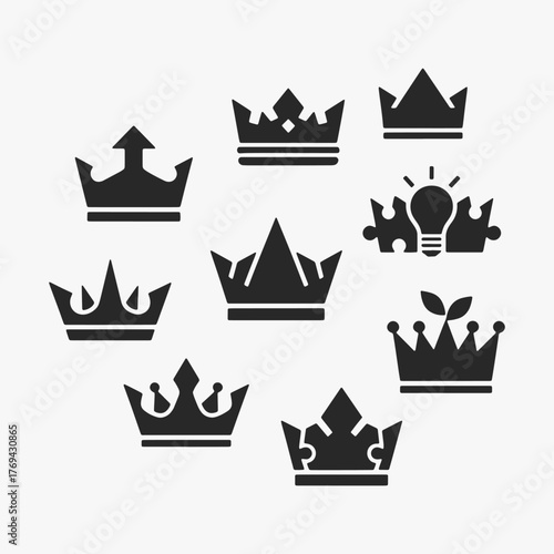 A collection of crowns in various shapes and sizes. Vector Sign for Banner, Logos, Labels, and Icons. Vector Illustration